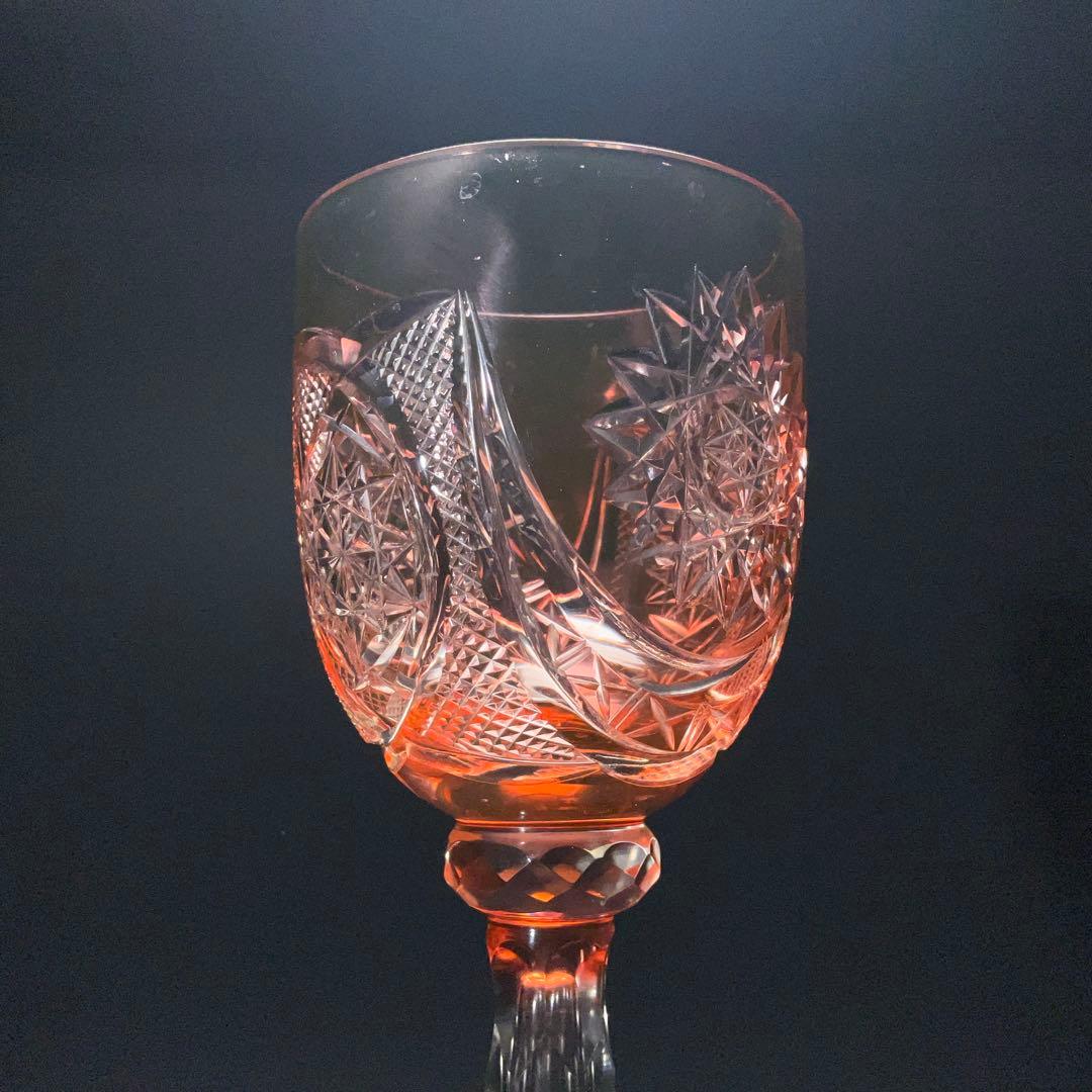 【希少】アンティークグラス　カットガラス　赤　ワイングラス　美品　R1332ダI