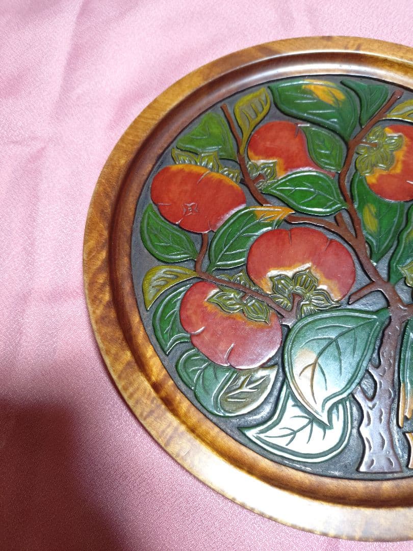 讃岐 盆 柿の木 漆 彩色 黄金楠木 彫刻 在銘 アンティーク 工芸品 置物