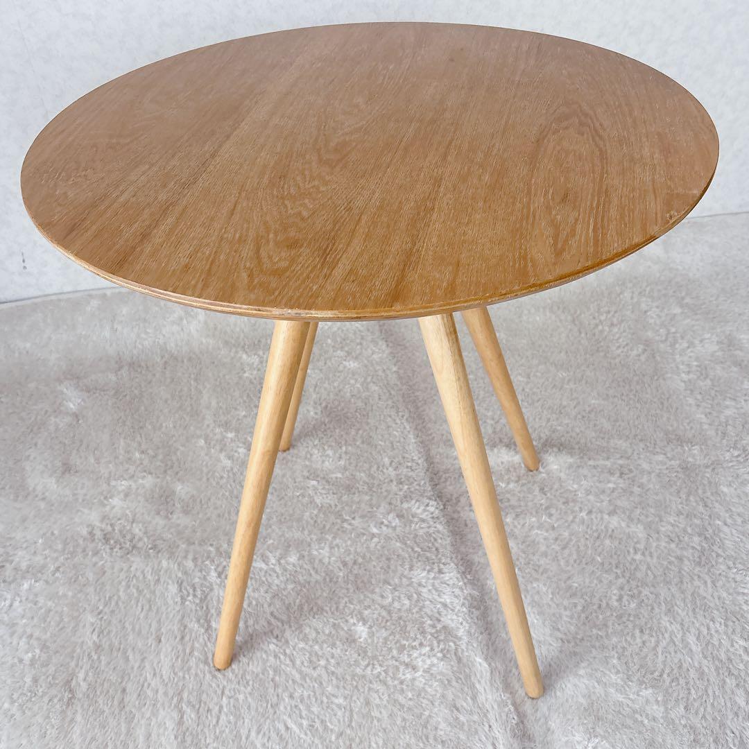 美品】オシャレ ラウンド カフェテーブル オーク材 丸 ４本脚 北欧ハイテーブル