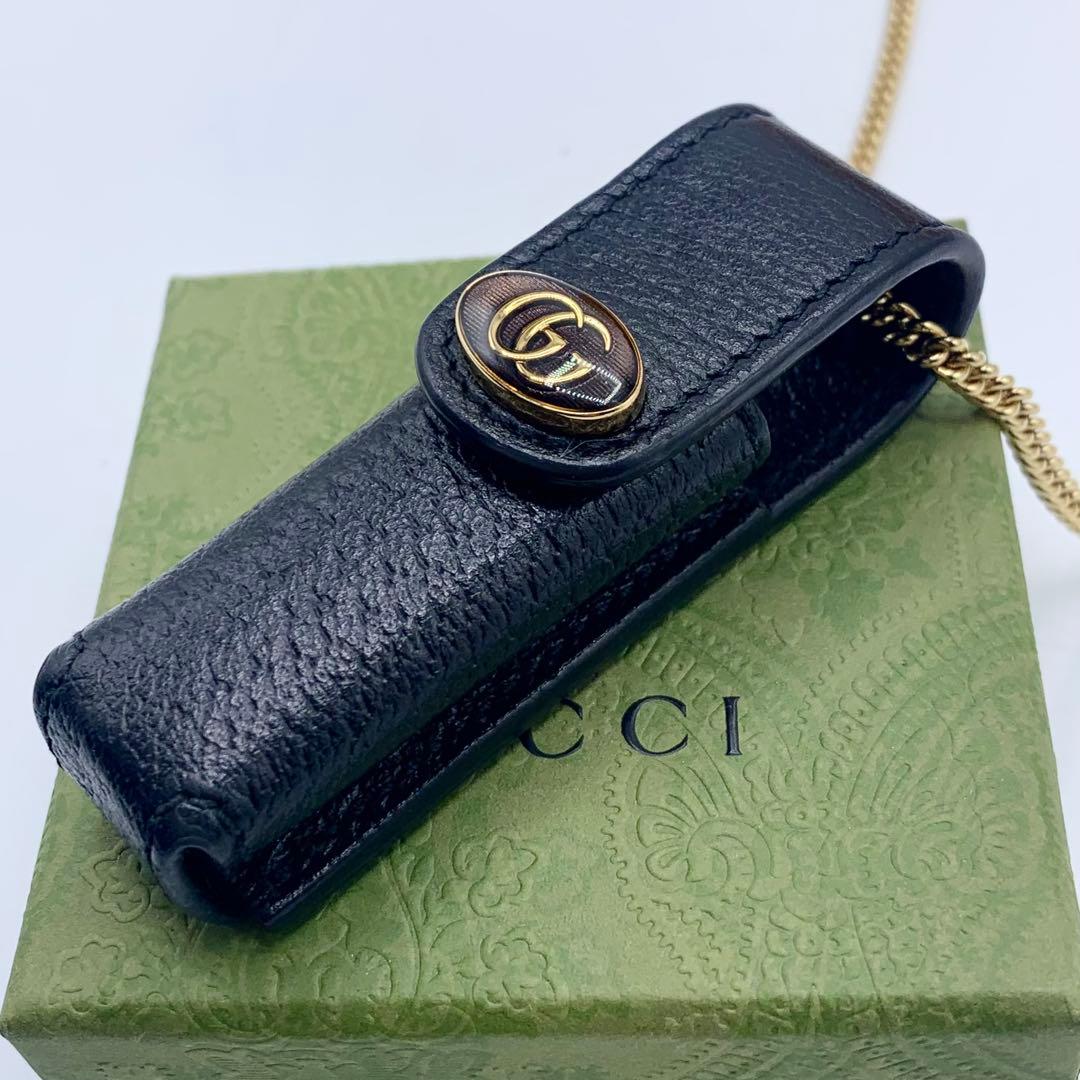 【新品】GUCCI リップケース　ネックレス　ブラック　オシャレ　GG レザー