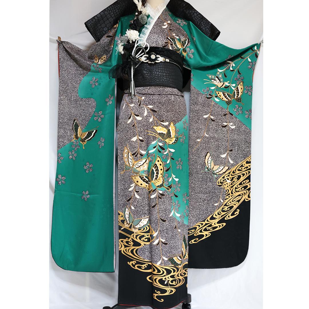 人気色！ヴィンテージ◆ 振袖6点セット ◆163cm緑系フルセット帯正絹RG46