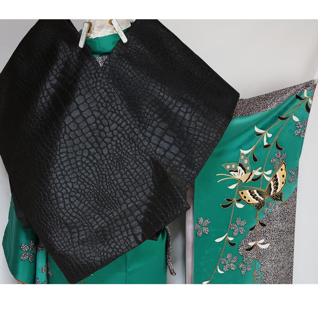 人気色！ヴィンテージ◆ 振袖6点セット ◆163cm緑系フルセット帯正絹RG46