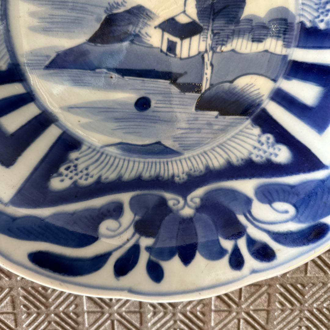 古伊万里、染め付け、三花、楼閣山水、輪花深大皿江戸時代、
