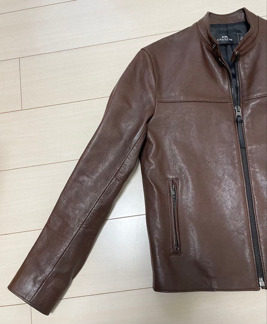 COACH F33779 羊革 ブラウン シングルライダースジャケットXS