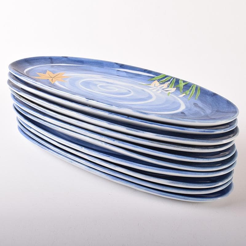 肥前有田焼　泉寿堂謹製　染錦　紅葉菖蒲文　楕円皿　十客　共箱　M　R8139B