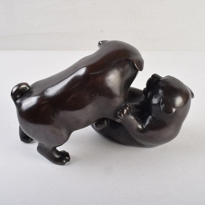 金工師　秀山作　鋳銅　戯れる子犬　置物　共箱　M　R9214