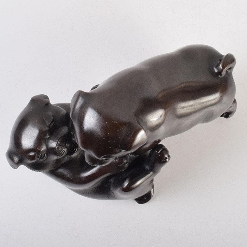 金工師　秀山作　鋳銅　戯れる子犬　置物　共箱　M　R9214
