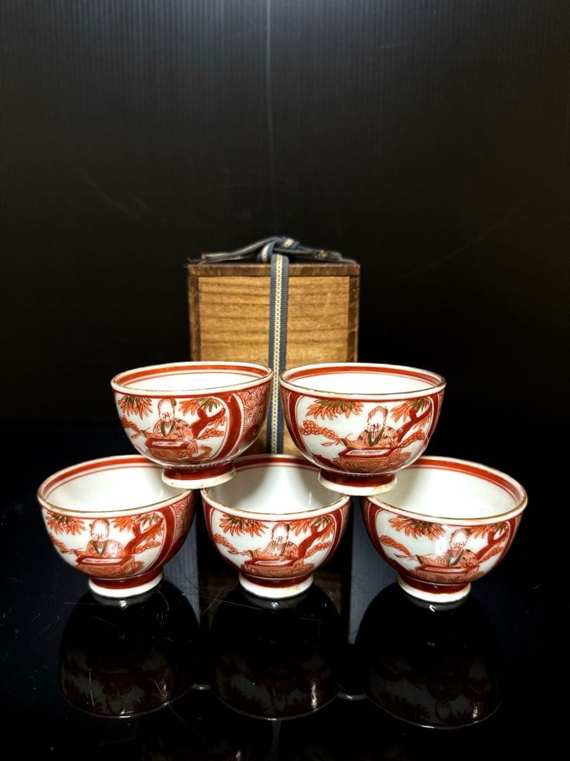 江戸期 湖東焼 赤絵金蘭手 窓絵人物図 煎茶碗 5客茶道具 井伊家 彦根藩