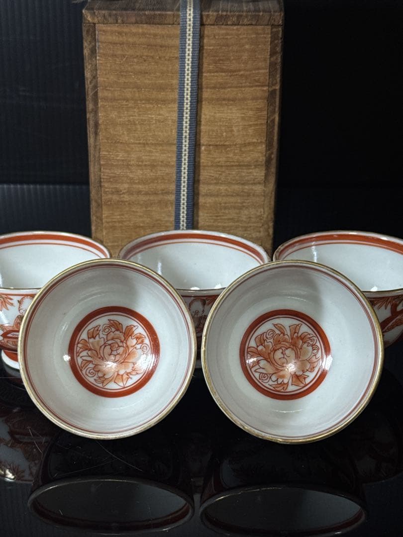 江戸期 湖東焼 赤絵金蘭手 窓絵人物図 煎茶碗 5客茶道具 井伊家 彦根藩