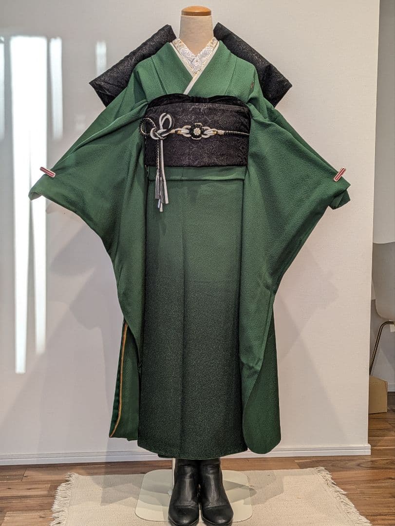 振袖フルセット 身丈165裄69.5 色無地 緑 三つ紋 逸品