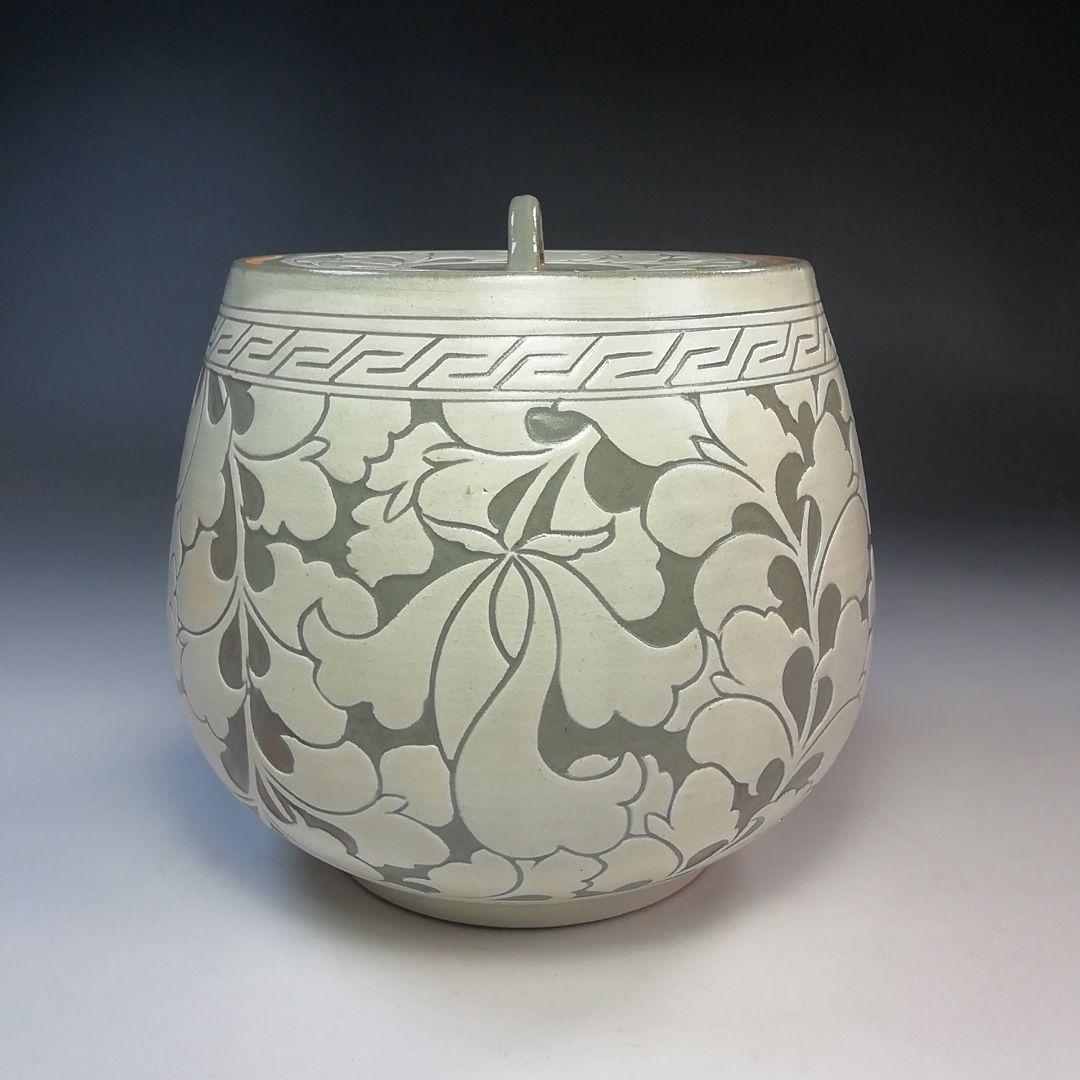 Ｓ７８１　水指　『唐草　中葉』『黃仁哲』　共箱　茶道具