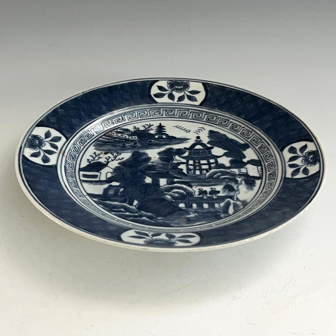 唐物 青花楼閣山水人物紋盤 清朝期 中国美術 古玩 SN624
