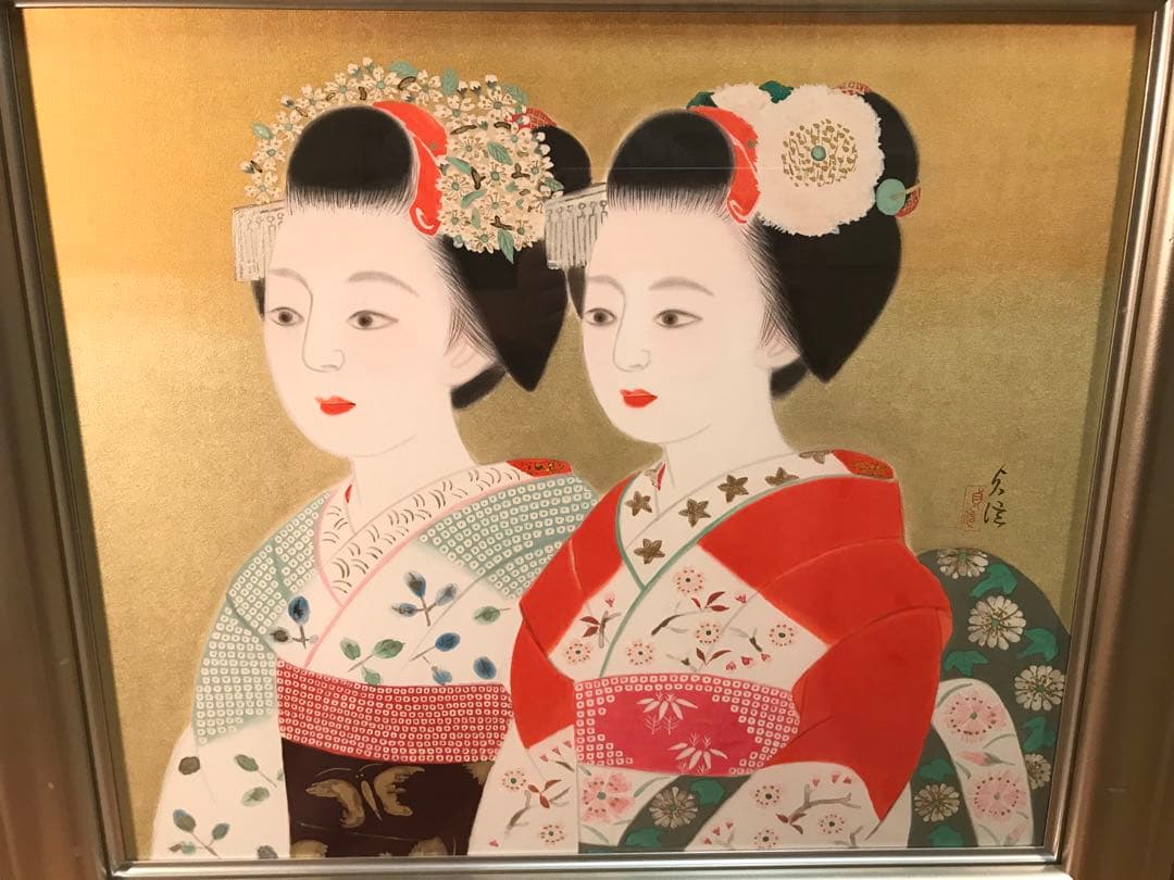 山平貞信　「舞妓」　日本画Ｆ１０号　直筆サイン・落款・共シール有り　②