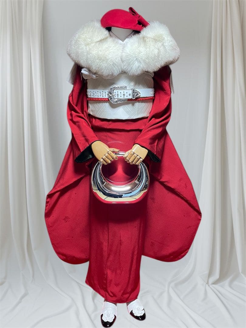 ファーショール付き 振袖 フルセット 山本寛斎 赤 白 無地