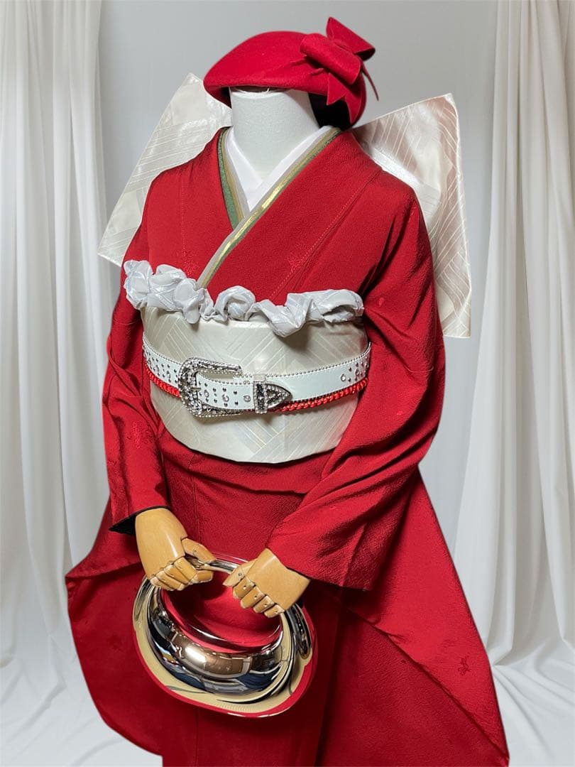 ファーショール付き 振袖 フルセット 山本寛斎 赤 白 無地