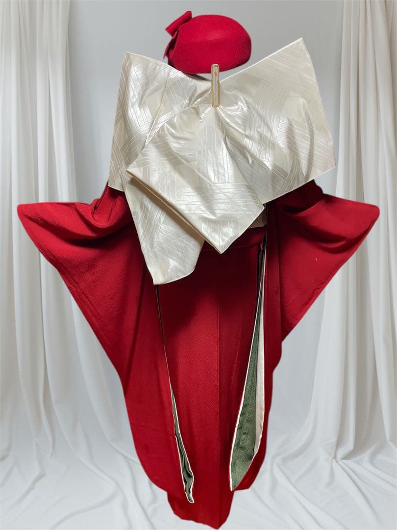 ファーショール付き 振袖 フルセット 山本寛斎 赤 白 無地