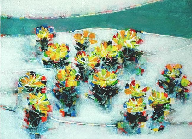 油絵 菅家令子 絵 絵画 インテリア 額付(黒) F4-091416 花 福寿草