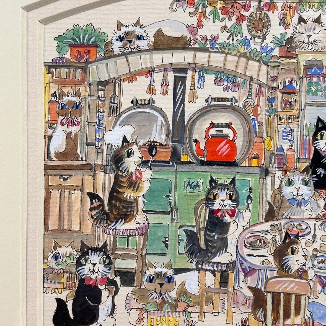 美品 ダイアン・エルソン「キッチン」水彩画 直筆サイン入 額縁入 猫 ねこ