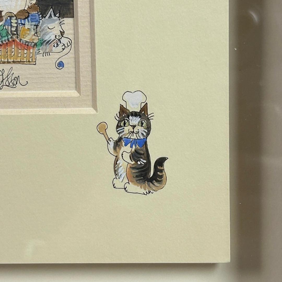 美品 ダイアン・エルソン「キッチン」水彩画 直筆サイン入 額縁入 猫 ねこ