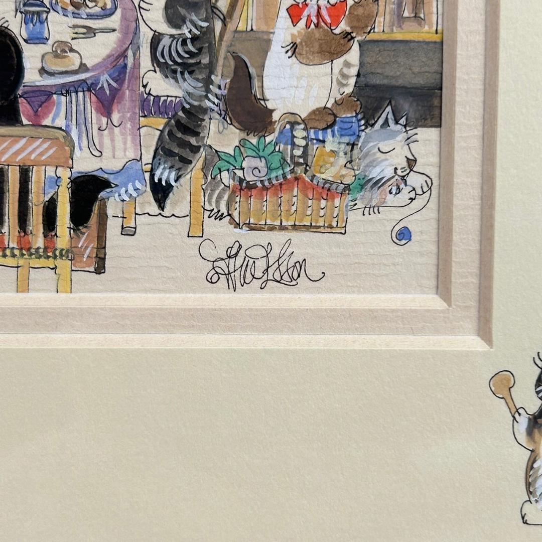 美品 ダイアン・エルソン「キッチン」水彩画 直筆サイン入 額縁入 猫 ねこ