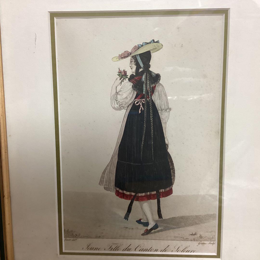 フランスアンティーク石版画2点セット フレーム付き