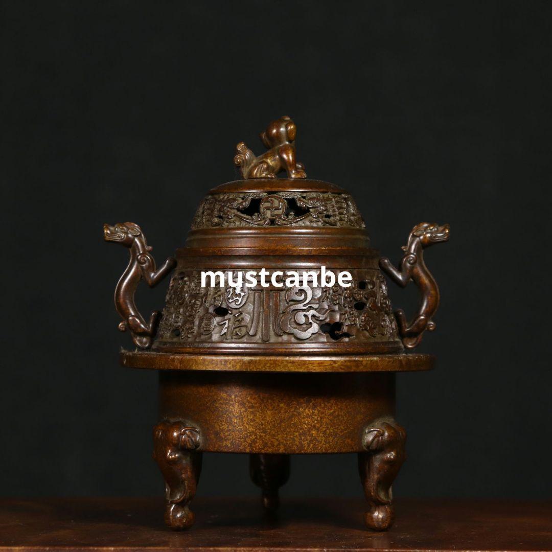 香炉 銅器 チ竜耳三象足炉 三層篆香炉 希少品 茶道具 香道具 工芸品 置物