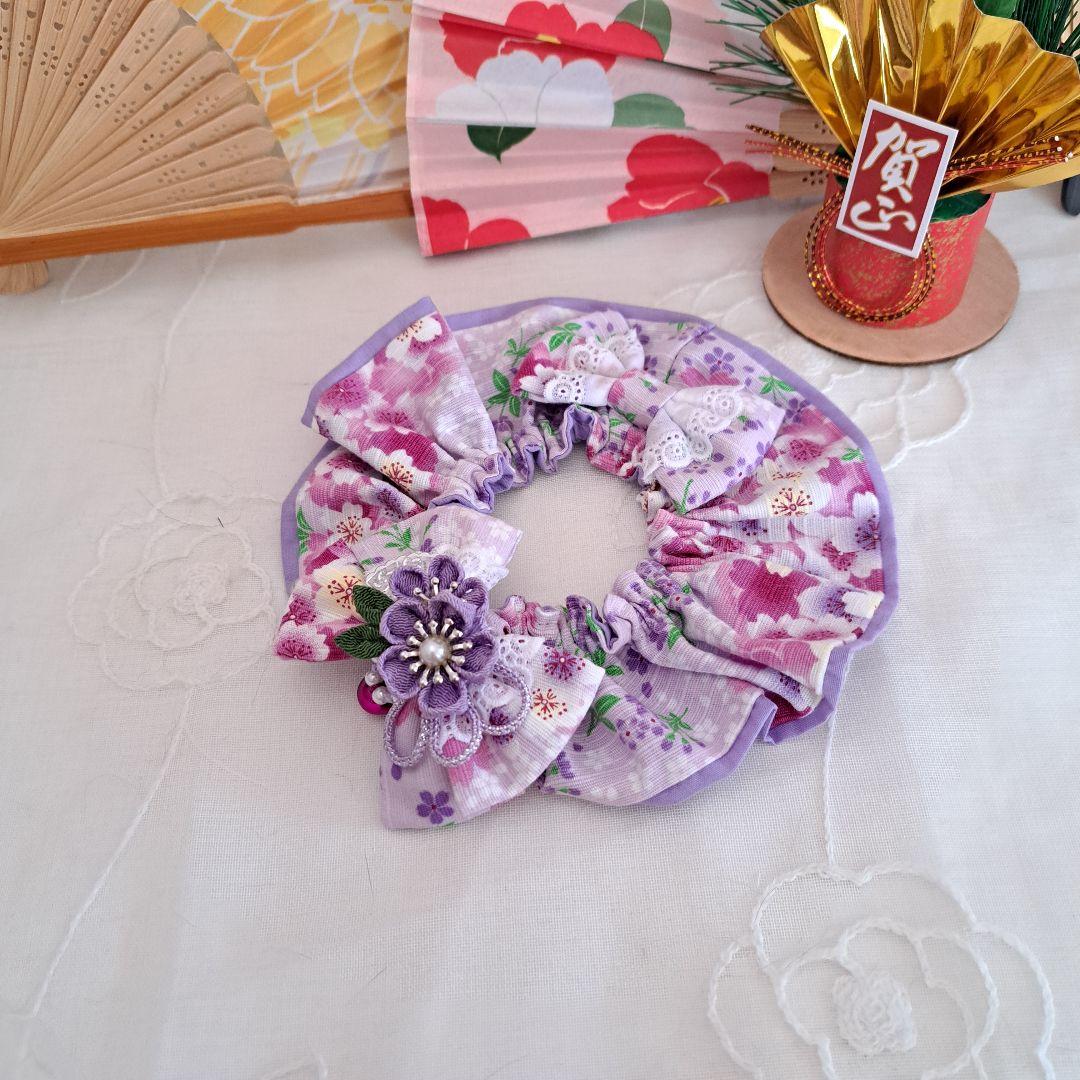 幅広シュシュ、和風妻み細工(藤色)わんちゃん猫ちゃん用