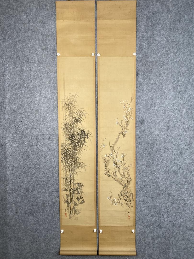 在銘(雪山) 梅竹図 絹本 双幅 時代物 掛軸24120701