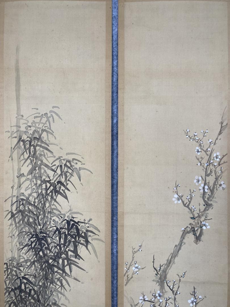 在銘(雪山) 梅竹図 絹本 双幅 時代物 掛軸24120701