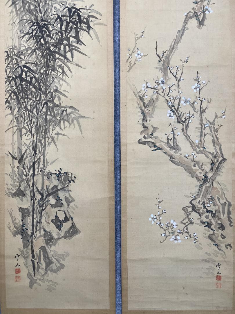 在銘(雪山) 梅竹図 絹本 双幅 時代物 掛軸24120701