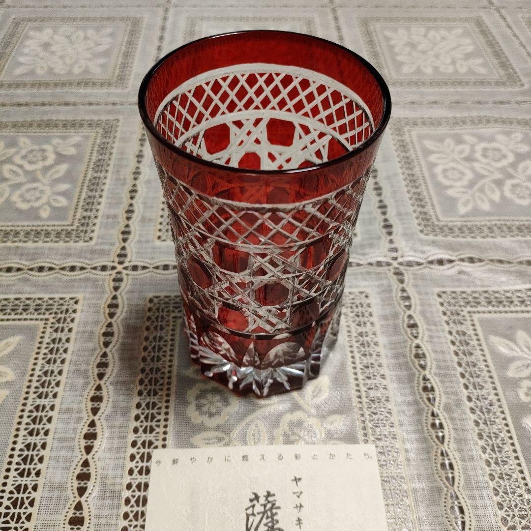\"未使用\" ヤマザキガラス製　薩摩切子　南蛮赤　矢来籠目　菊透かし紋様　栞＆共箱