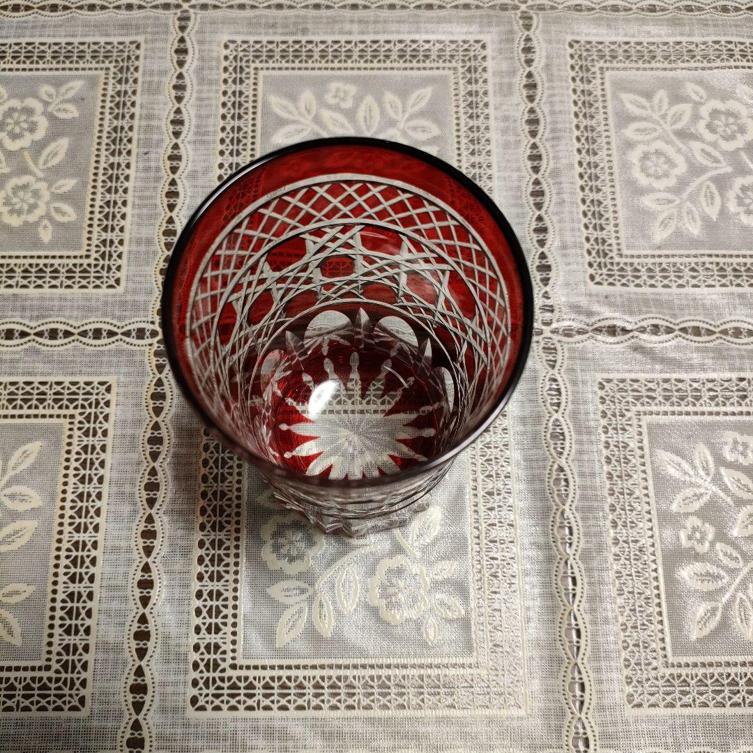 \"未使用\" ヤマザキガラス製　薩摩切子　南蛮赤　矢来籠目　菊透かし紋様　栞＆共箱