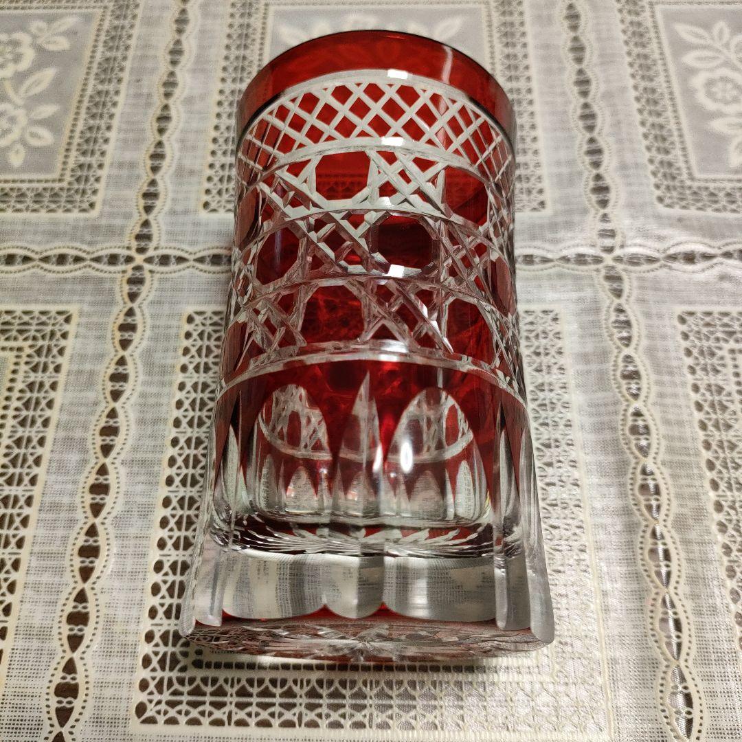 \"未使用\" ヤマザキガラス製　薩摩切子　南蛮赤　矢来籠目　菊透かし紋様　栞＆共箱