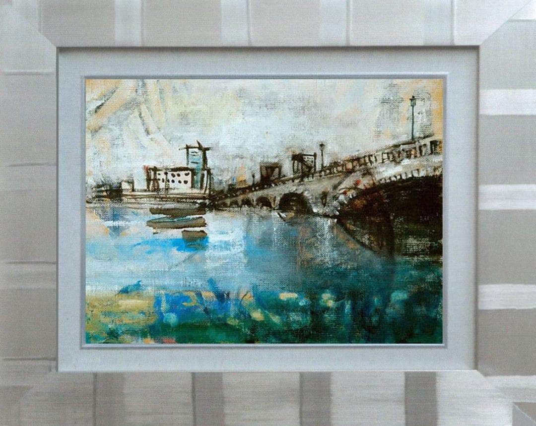 油絵 菅家令子 絵 絵画インテリア額付(青緑＋金色の枠)F4-090914風景橋