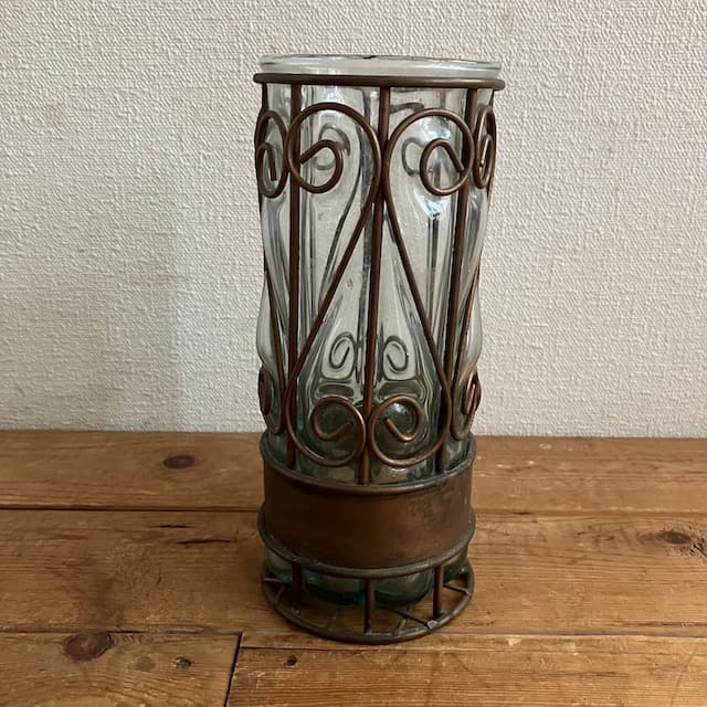 アンティーク ガラス フラワーベース アイアンフレーム 吹きガラス 気泡 花瓶