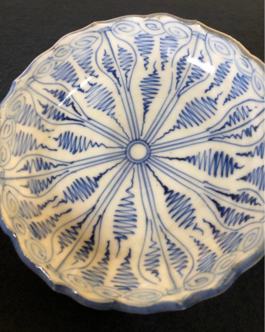 《レ》伊万里 染付 輪花 よろけ紋 小皿12客 木箱 251119え4