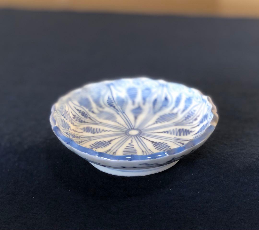 《レ》伊万里 染付 輪花 よろけ紋 小皿12客 木箱 251119え4