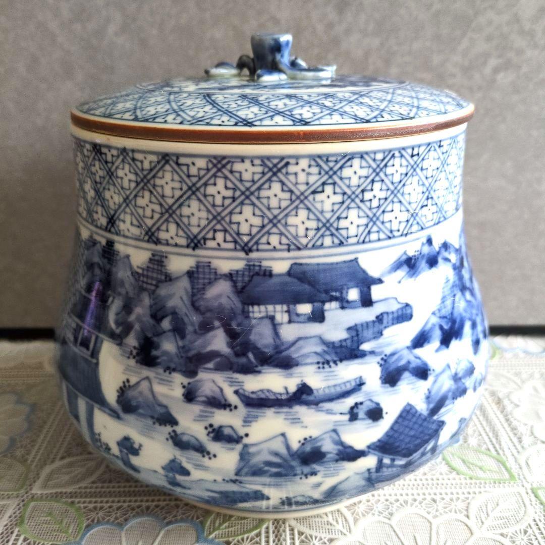 【美品】平安徳永造／染付山形・青白色 陶器 水差し（共箱付き）