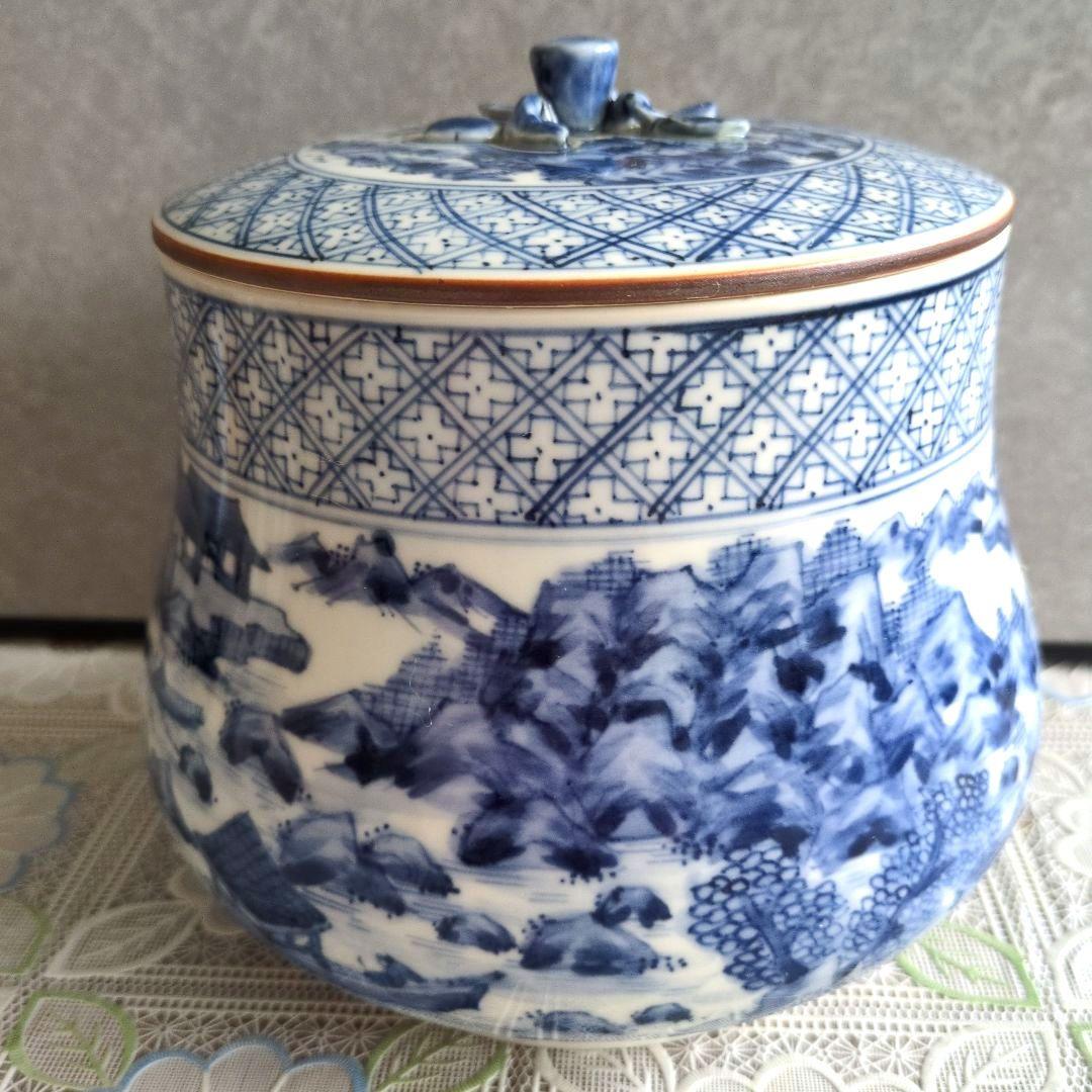 【美品】平安徳永造／染付山形・青白色 陶器 水差し（共箱付き）