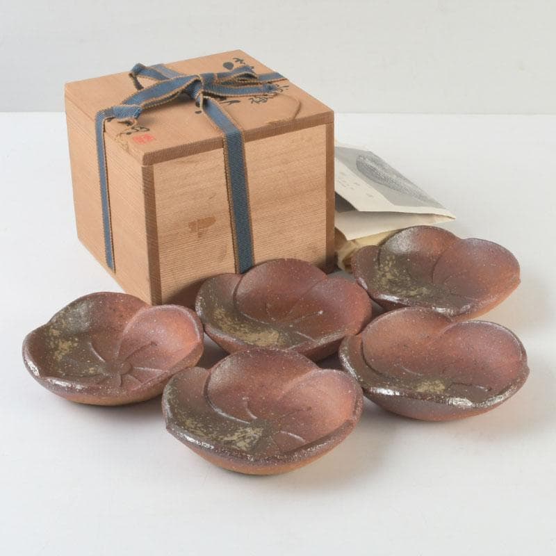 茶道具　信楽焼　高橋楽斎造　ネジ梅　小皿　五客　共箱　V　9662