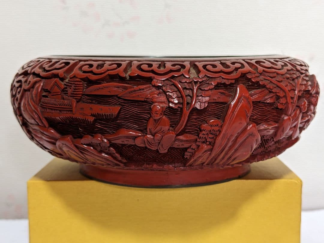 ♦中国 古玩 堆朱彫漆 七宝釉楼閣山水図紋様 盆 コレクション骨董品アンティーク