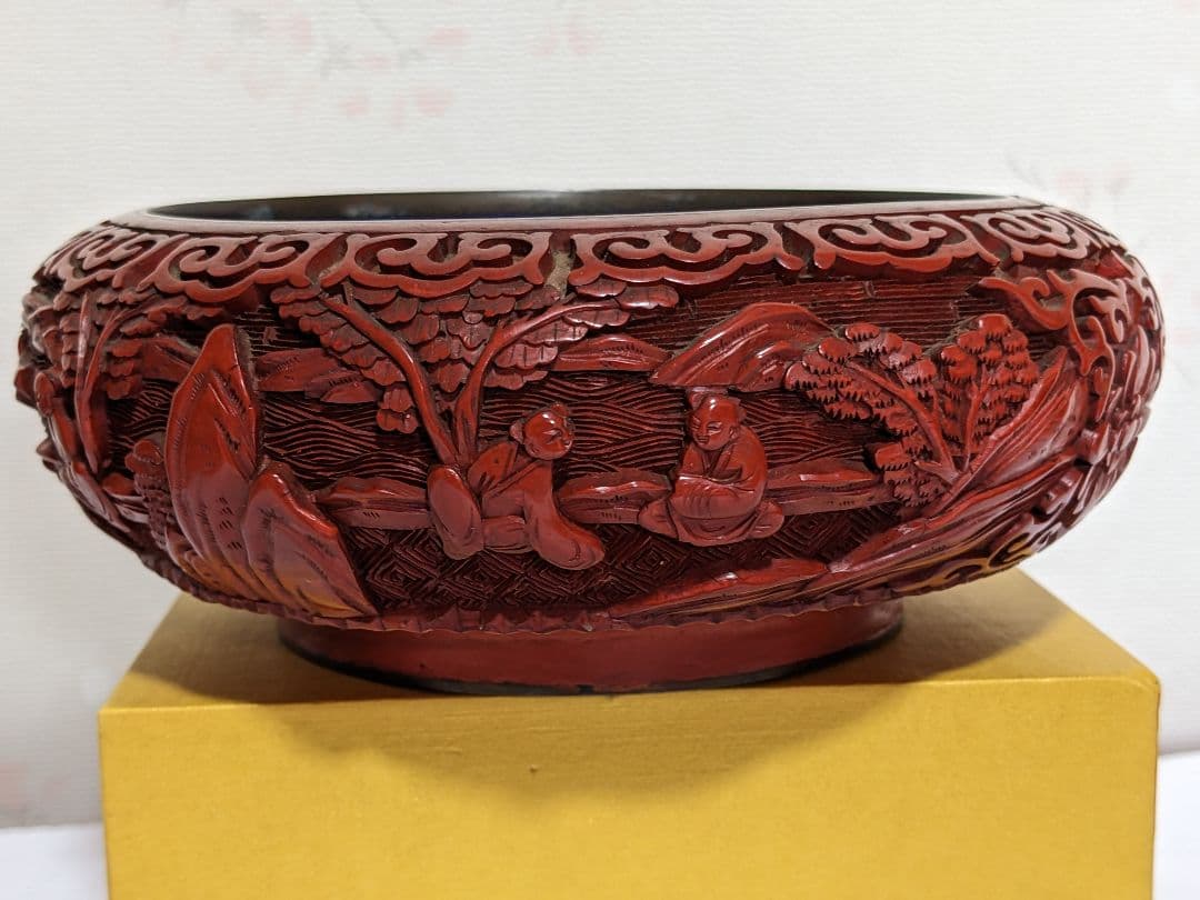 ♦中国 古玩 堆朱彫漆 七宝釉楼閣山水図紋様 盆 コレクション骨董品アンティーク