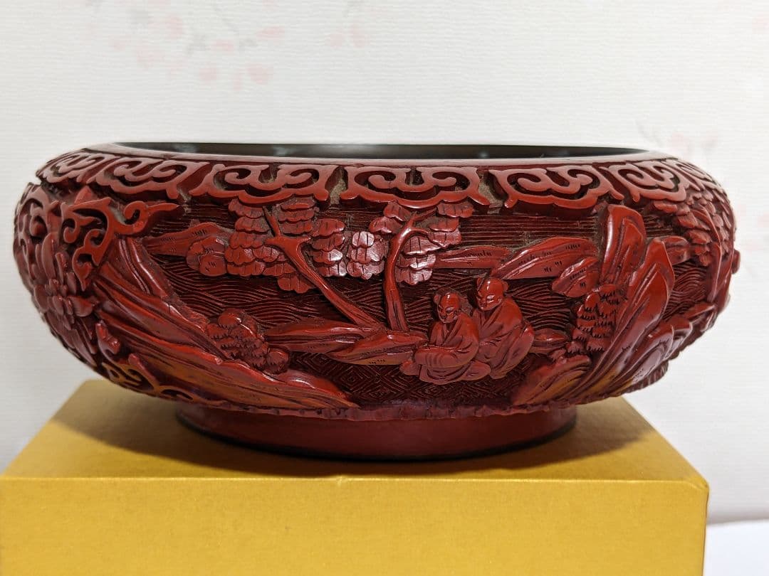 ♦中国 古玩 堆朱彫漆 七宝釉楼閣山水図紋様 盆 コレクション骨董品アンティーク