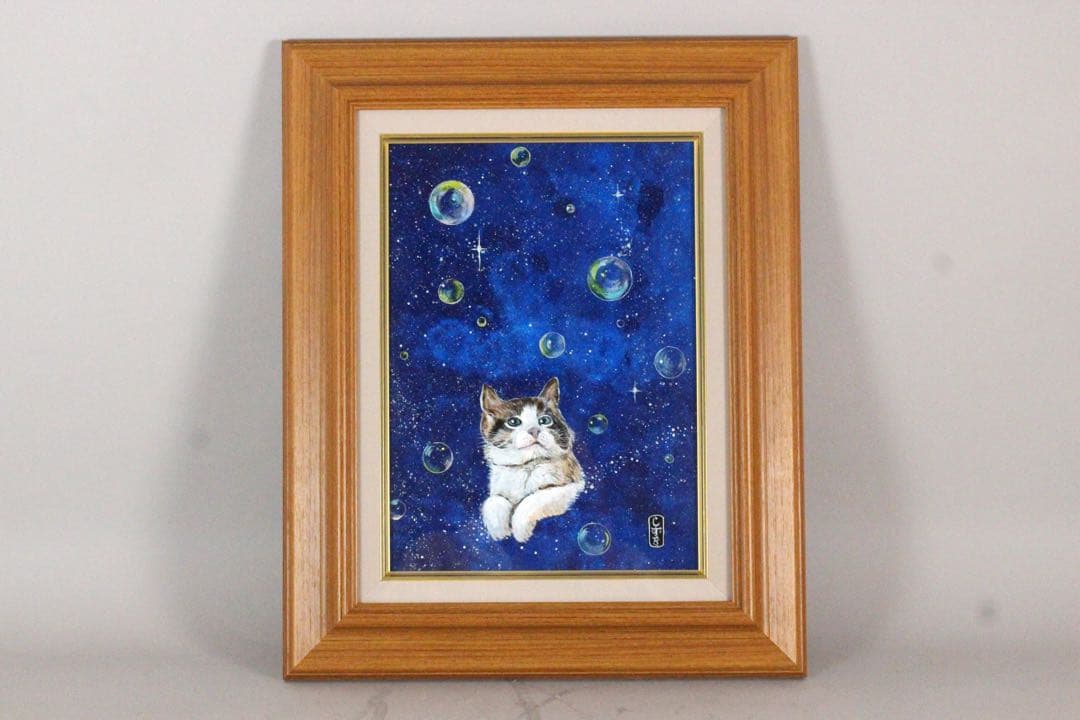 No5298 額装　深津静男　「ドリームキャット I」　油彩画4号　送料無料