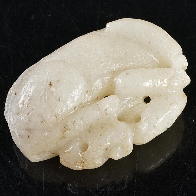 中国　玉石白玉彫刻　神獣　根付　置物　M　R5995E