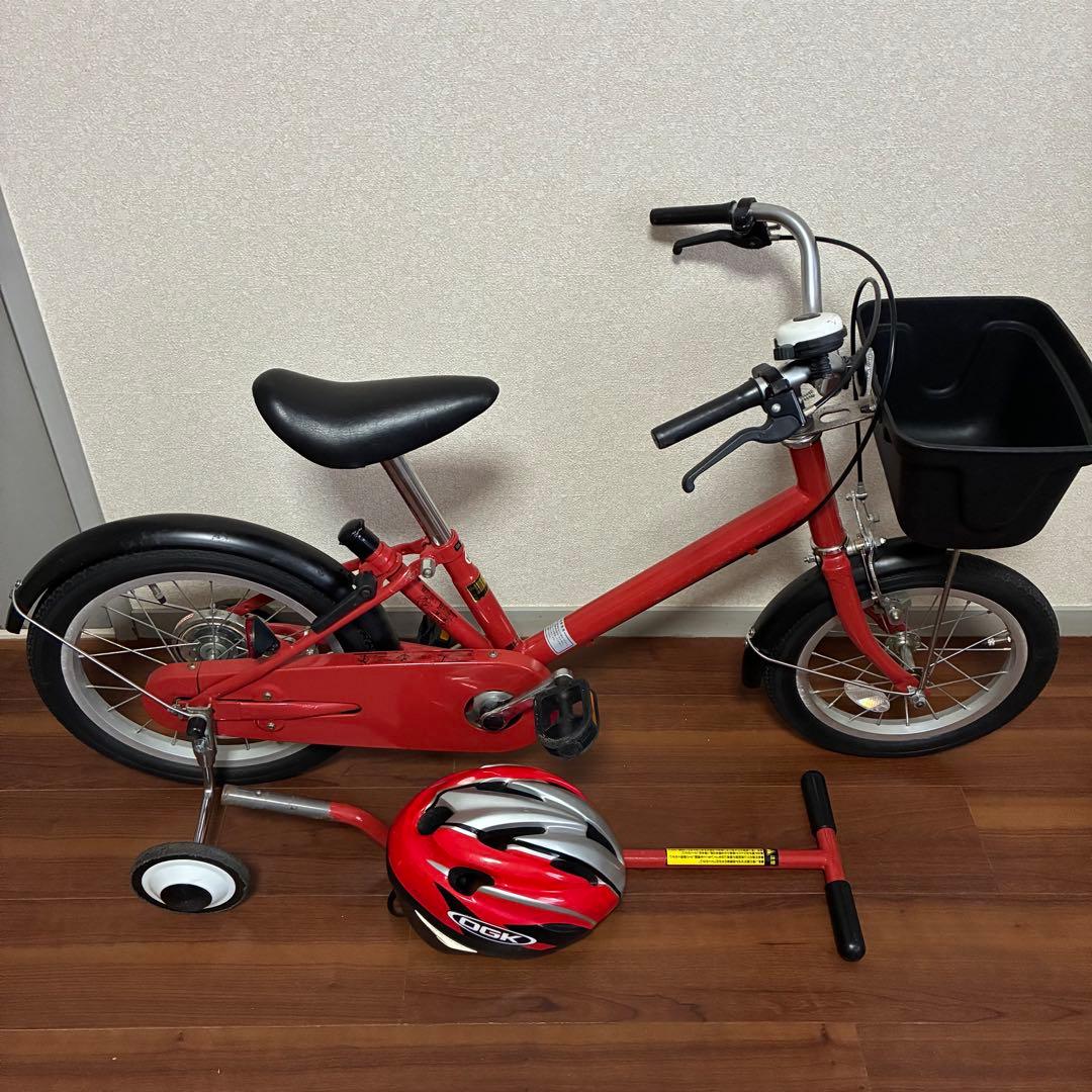 無印良品 16型幼児こども自転車 レッド 押し棒補助輪付 赤 子供用舵取り自転車