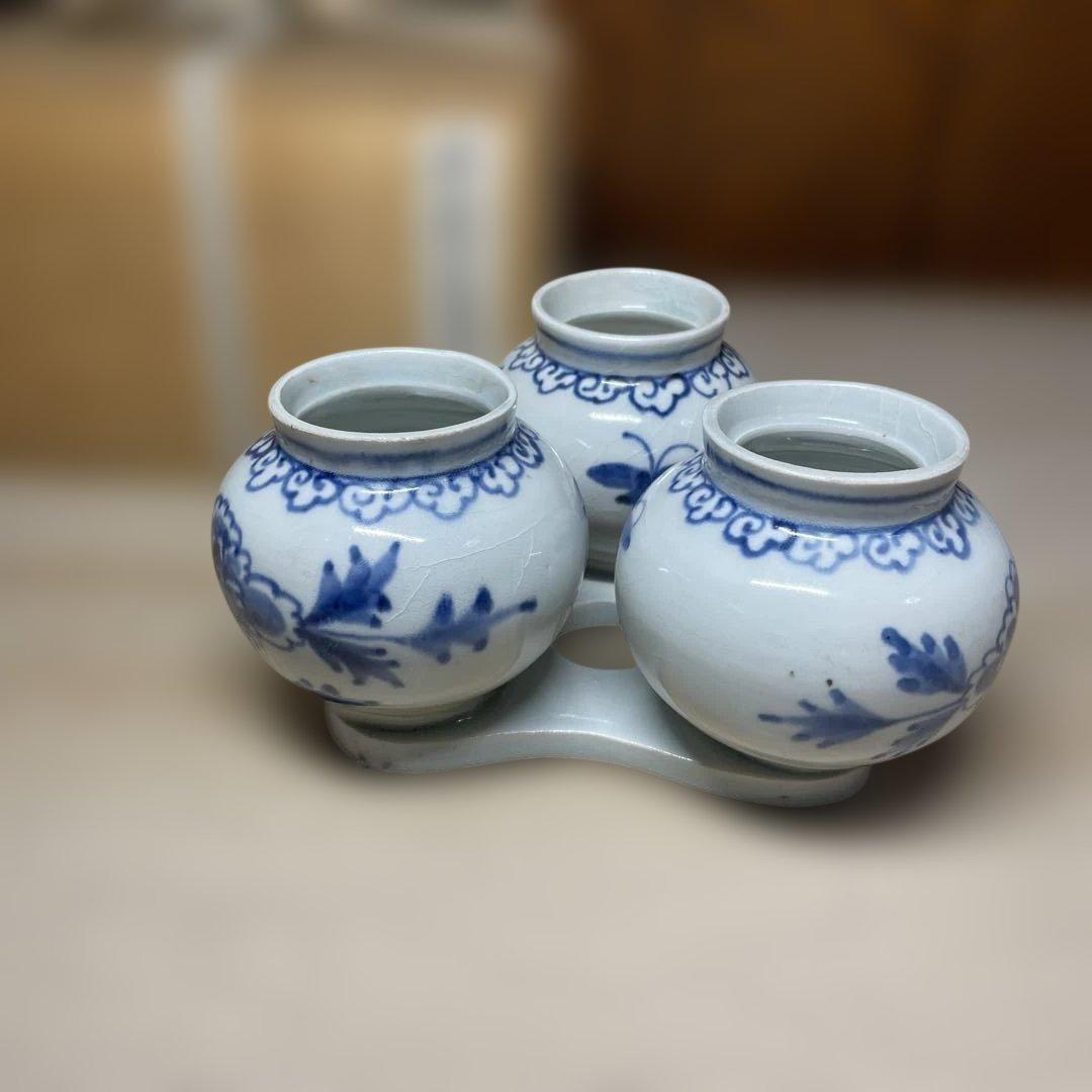 李朝分院染付三連壷　箱付