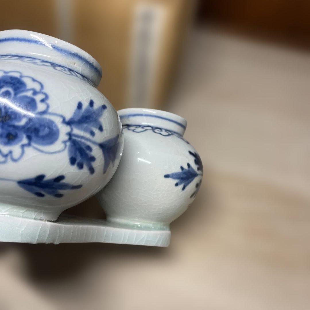 李朝分院染付三連壷　箱付