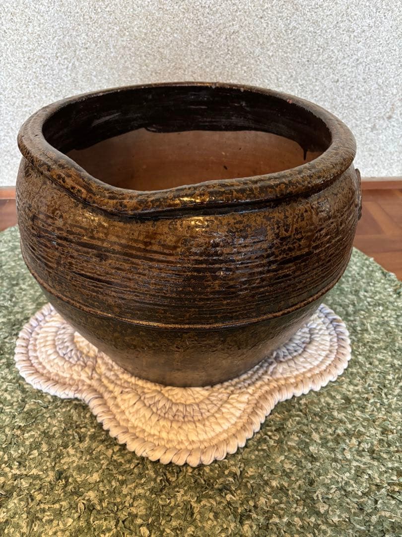 丹波焼　灰釉印花文甕　水差し花生け　骨董品アンティーク