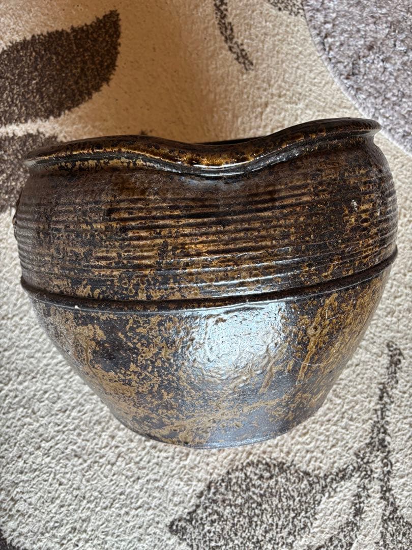 丹波焼　灰釉印花文甕　水差し花生け　骨董品アンティーク